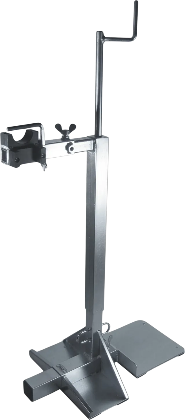 Height-adjustable CREAMETAL assembly support with clamp holder and base plate, cut out against a white background