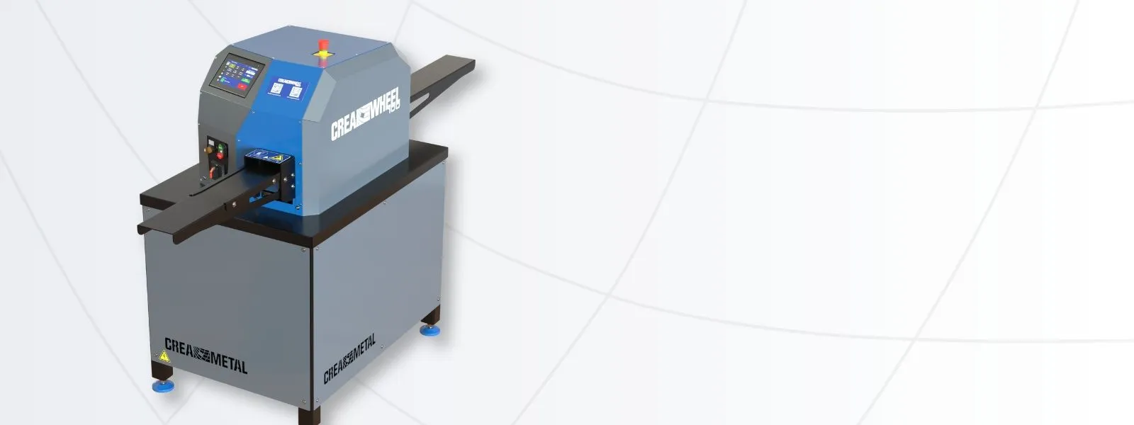 Bildkomposition mit der Richtmaschine CREA-WHEEL 100 auf einem weiss-grauen Hintergrund mit Linien