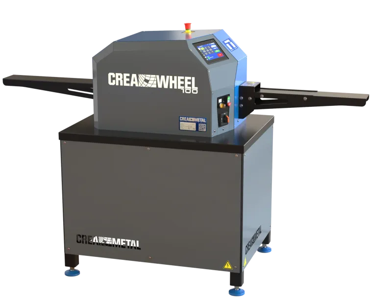 CREA-WHEEL 100 Richtmaschine von CREAMETAL mit Touchdisplay, Untergestell und Führungsschienen, Seitenansicht