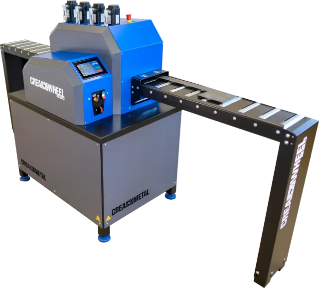 CREA-WHEEL 220 straightening machine with touch control and attached roller conveyor, cut out against a white background