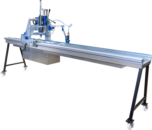 CREAMETAL drilling centre with drilling head and tapping arm on a mobile frame, cut out against a white background